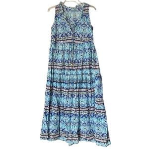 True Destinations Womens Size XS Cotton Sleeveless Maxi Dress Resort Wear Blue